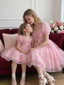 Glamorique Kids Đầm dự tiệc cho bé gái, màu hồng in hoa, tay áo cánh hoa và nơ trang trí phía sau, kiểu đầm công chúa. - Hồng - Xem 9