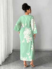 SHEIN Elenzya 大码女士优雅通勤简约日常约会派对性感宴会袖开衩修身杏色底黑色印花长裙 - 薄荷綠 - 查看 2