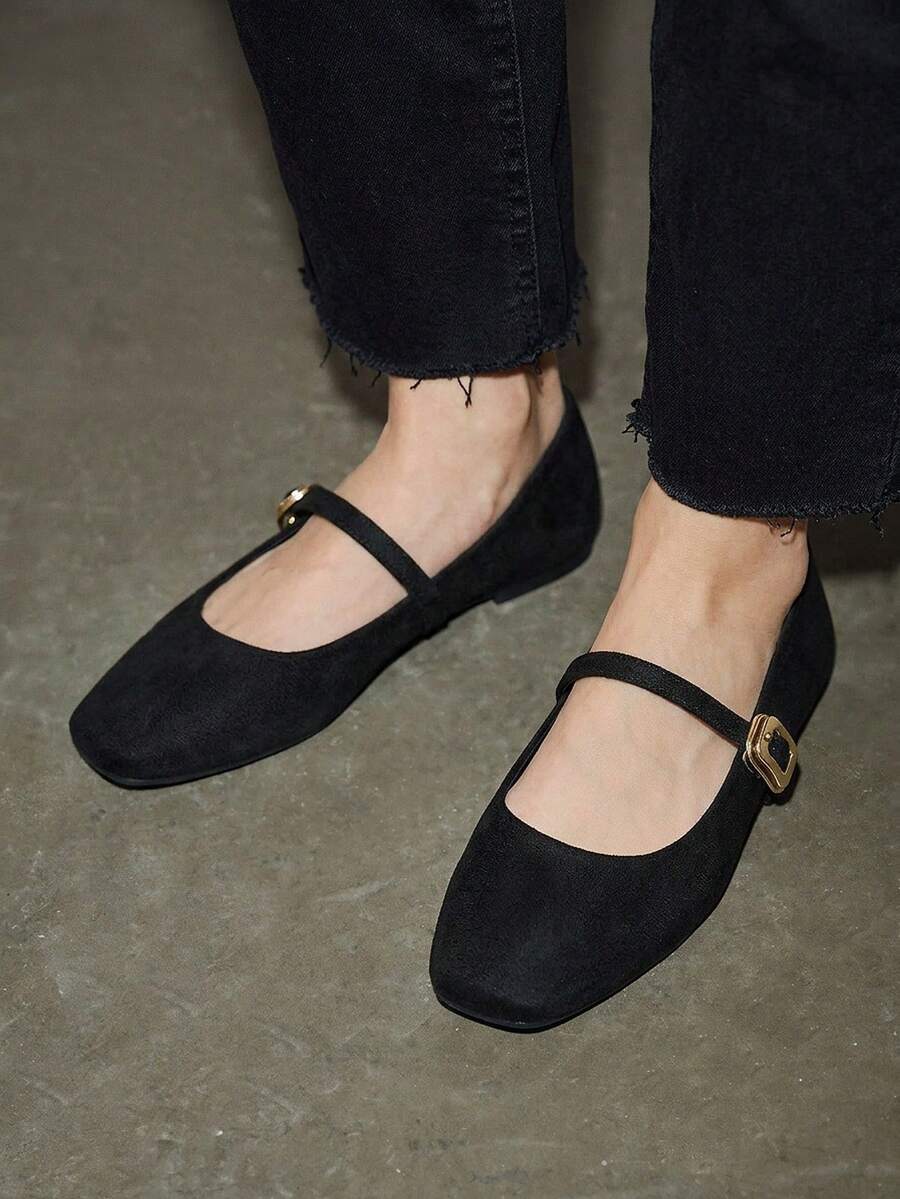 Bholvia Women's Fashion Square Toe Slip-On Black Shoes, Casual Office Wear, Versatile, Outdoor, High-Quality, Flat Mary Jane Ballet Flats For Party, Wedding, Work - Black - View 1