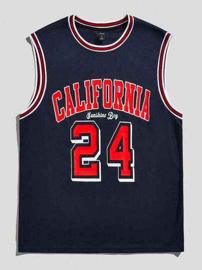 ROMWE MEN Prep Áo tank top nam kiểu dáng thường ngày, phối viền tương phản, in chữ và số, thích hợp cho mùa hè.