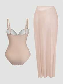 Swim Oasis Plus Size Women's Solid Color Ruched One-Piece Swimsuit And Skirt Set, Suitable For Beach Vacation, Pool Party, Beach Party Orange Summer Sexy - Brown - View 2