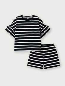SHEIN 2pcs/Set Tween Girls' Round Neck Short Sleeve Striped Ruffle Sleeve T-Shirt And Striped Shorts - Black and White - View 4