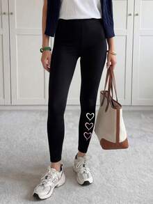 SHEIN LUNE Heart Pattern Casual Sports Knitted Leggings For Women, Ankle Length, Suitable For Spring/Autumn Suitable For Going Out,Casual - Black - View 3