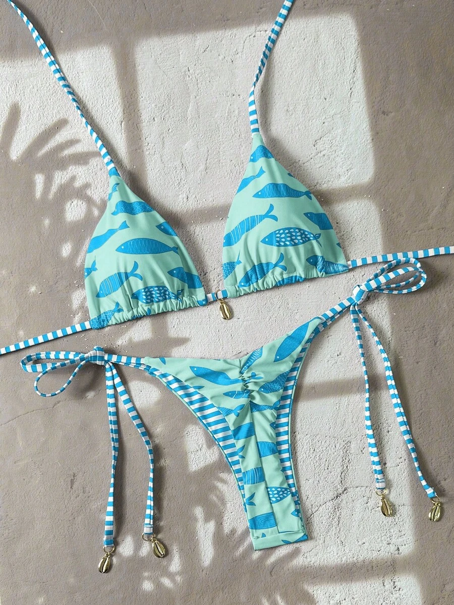 Swim Vcay 女士夏季沙滩鱼纹印花露背系带性感比基尼和三角泳裤泳装套装,适合沙滩日光浴、度假、邮轮旅行等场合,鱼纹印花比基尼两件套,休闲度假泳装,夏季新款,适合度假、邮轮旅行、沙滩日光浴等场合。 - 彩色 - 查看 1