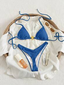 Swim Vcay Bộ bikini tam giác phong cách Boho 2 mảnh của Swim Vacay, màu trắng kem trơn, chất liệu vải dệt họa tiết, dây đeo có thể điều chỉnh, quần cạp cao xếp ly, chất liệu jacquard đặc biệt và họa tiết sao biển kim loại trang trí, đồ bơi sang trọng, thời trang và gợi cảm cho kỳ nghỉ hè, trang phục dành cho nữ. - Màu xanh lam - Xem 5