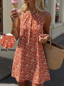 Breezaya Women Summer White Floral Halter Neck A-Line Dress,French Chic Vintage Ditsy Floral Pleated Sundress,Boho Holiday Island Resort Vacation Picnic Wear - Multicolor - View 2