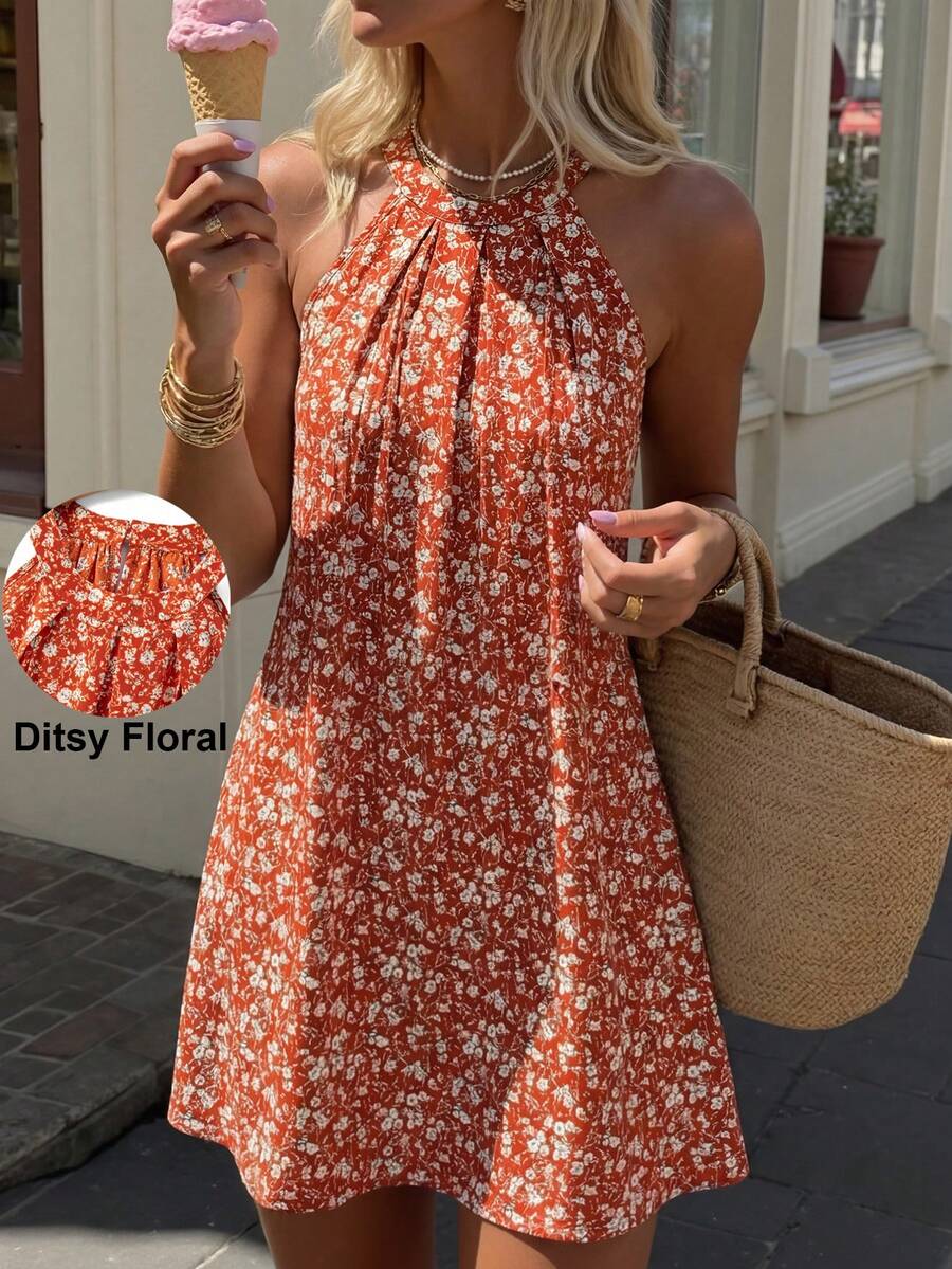 Breezaya Women Summer White Floral Halter Neck A-Line Dress,French Chic Vintage Ditsy Floral Pleated Sundress,Boho Holiday Island Resort Vacation Picnic Wear