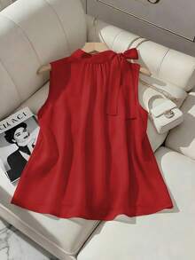 Qadelle Nouveau Top de printemps/été avec liens sur les côtés, boutons et sans manches. Blouse élégante et polyvalente pour femmes - Rouge - Voir 2
