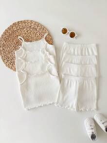 8pcs/Set Baby Girl Casual Solid Color Knit Camisole Top And Shorts Set - White - View 2