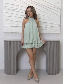 Jemour 女士优雅绿色吊带系带迷你连衣裙 - 綠色 - 查看 1