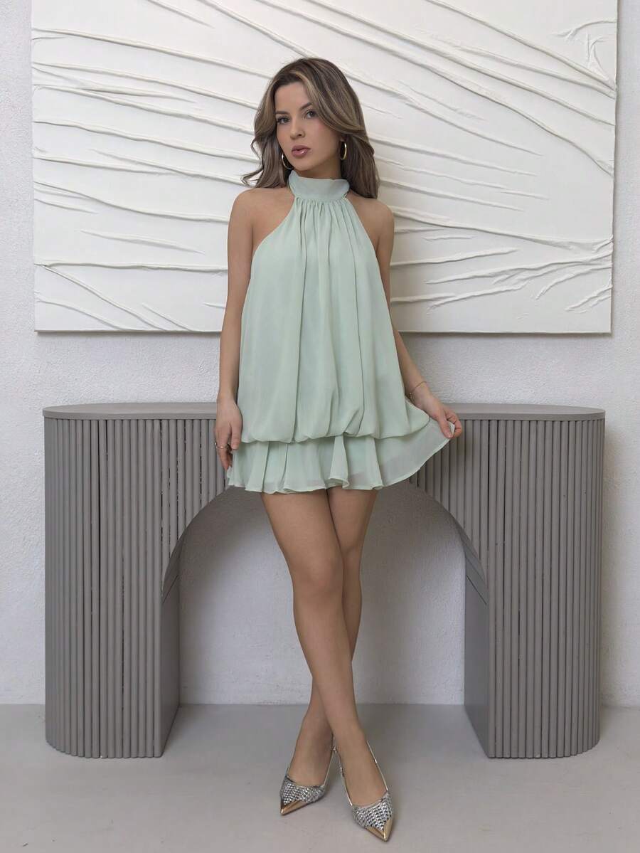 Jemour 女士优雅绿色吊带系带迷你连衣裙 - 綠色 - 查看 1