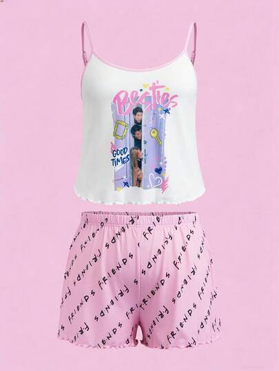 FRIENDS X SHEIN Bộ đồ ngủ cỡ lớn dành cho nữ in chữ FRIENDS gồm áo hai dây và quần short.