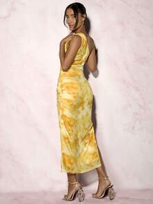 Glamine Vestido largo de mujer con un hombro, fruncido y abertura, teñido con tinta, para vacaciones - Amarillo - Ver 2