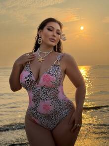 Slaydiva Áo tắm liền thân cỡ lớn kiểu dáng mới cho kỳ nghỉ hè, áo tắm liền thân gợi cảm họa tiết hoa và da báo, áo tắm liền thân cỡ lớn cho kỳ nghỉ. - Nhiều màu - Xem 5