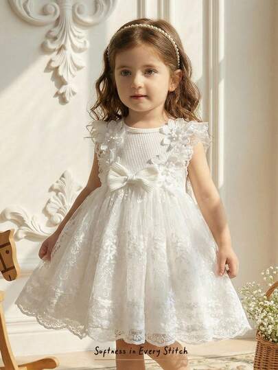 Cozy Pixies Baby Girl Solid Color Casual Versatile Floral Embellished Round Neck Sleeveless Waist Dress