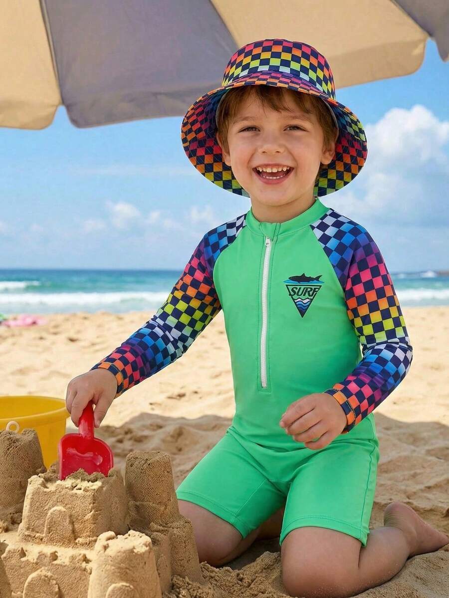 Mono de baño informal con estampado de cuadros y cremallera delantera para niño pequeño - Multicolor - Ver 1