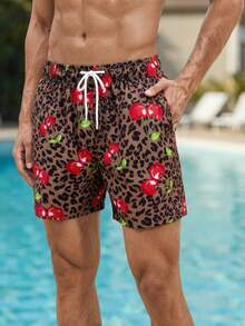 Azuldrift Pantalones cortos de playa casuales con cordón y estampado de leopardo de cereza para hombres - Caqui - Ver 5