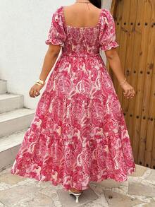 Sunnyshic 大码女士优雅方领碎花高腰荷叶边连衣裙 - 彩色 - 查看 2