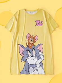 TOM & JERRY X SHEIN Plus Size Cute Cartoon Cat Print Round Neck Short Sleeve Nightgown, Comfortable For Summer - Yellow - View 3