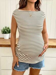 SHEIN Áo thun bầu cổ tròn tay ngắn kẻ sọc, kiểu dáng thường ngày, đa năng. - Nhiều màu - Xem 3