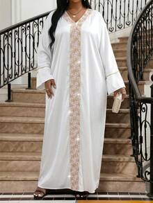 SHEIN Lady Women's Spring/Autumn Conservative Elegant Glamorous Party Banquet Patchwork Rhinestone Embroidered V-Neck Batwing Sleeve Loose Super Long Dress - White - View 3