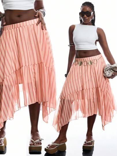 LYSMO 大码休闲度假波西米亚条纹不对称下摆雪纺裙