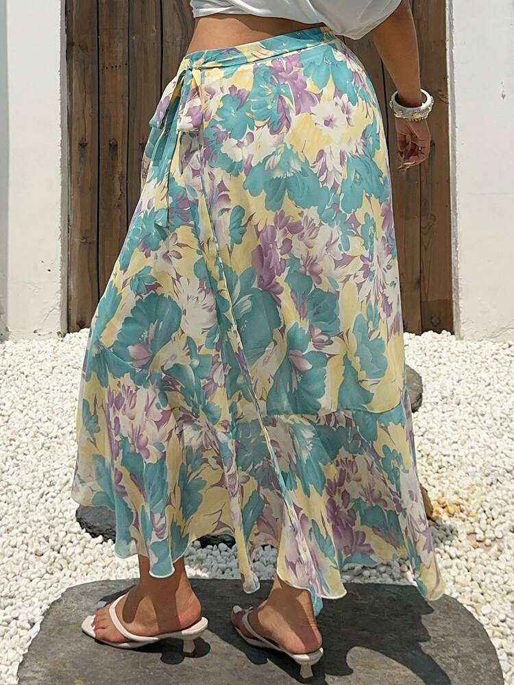 Dazy Plus Elegant Chiffon Floral Print Ruffle Hem Irregular Hem Vacation Style Versatile Long Plus Size Women Skirt