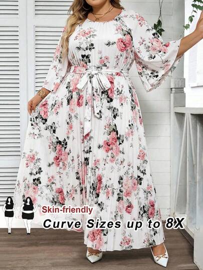 SHEIN CURVE+ Đầm xếp ly in họa tiết thanh lịch cỡ lớn dành cho nữ, đầm xếp ly, đầm dài thanh lịch, trang phục đi biển cho nữ/đầm đi biển/trang phục nghỉ mát biển/đồ cần thiết đi biển/đầm tốt nghiệp/đầm dự tiệc trà, đầm mùa hè/trang phục đồng quê/trang phục nghỉ mát biển/trang phục đi biển/đồ mặc đi biển