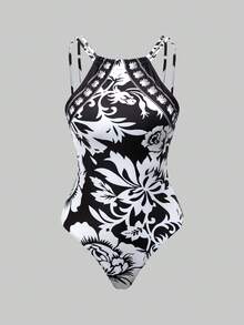 Swim Oasis 女款黑色夏季休閒熱帶度假高階優雅花卉連身泳衣附裙擺，波希米亞風兩件式坦克比基尼泳衣套裝 - 彩色 - 查看 8