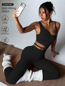 Dewbera 女士无缝无袖性感连体裤 - 黑色 - 查看 1