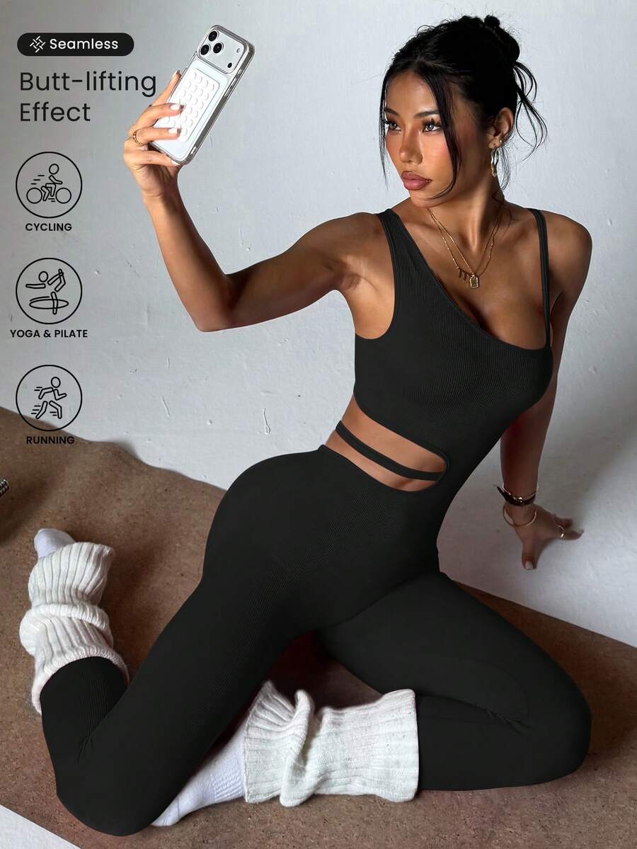 Dewbera 女士无缝无袖性感连体裤 - 黑色 - 查看 1