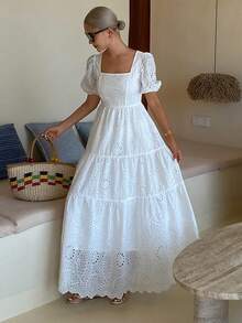 DAZY Casual Elegant Vacation Style Cotton White Dress, Spring & Summer - Ivory White - View 5