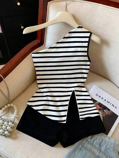 GlowEve Top corto sin mangas a rayas en blanco y negro con diseño de cintura ceñida y shorts de punto regulares, conjunto de 2 piezas para vacaciones y uso diario