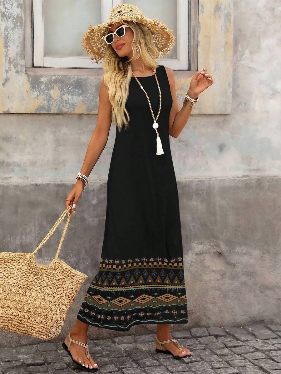 Brillora Women's Geometric Print Casual Sleeveless Loose Dress For Vacation - Multicolor - View 1