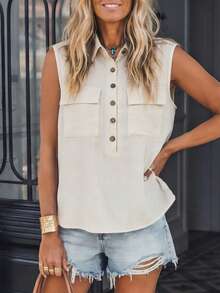 LanaWest Camiseta de tirantes de verano informal de estilo occidental con bolsillo en el pecho, sin cuello, sin mangas, con frente semi-abierto y pliegues texturizados en onda para mujer - Albaricoque - Ver 1