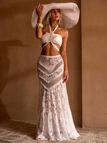 MOTF PREMIUM ELEGANT SEXY GLITTER BEAD FAUX 3D FLORAL DECOR HALTER HIGH SLIT ROMANTIC VACATION BIKINI SWIMWEAR SET BEACH WHITE SUMMER - White - View 10
