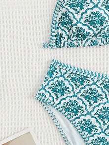 SHEIN Bộ bikini kẻ caro xanh trắng bằng vải dệt kim dành cho bé gái tuổi teen: Thiết kế buộc cổ, họa tiết dễ thương, thời trang giản dị, thanh lịch, phù hợp cho bơi lội, kỳ nghỉ hè, bãi biển, hồ bơi, tiệc tùng. - Màu xanh Bạc hà - Xem 4