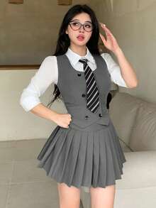 DAZY Women's 2-Piece Set: Collegiate Style Vest Cardigan Top And Pleated Skirt, Suitable For Spring, Autumn, Summer, Back To School, Graduation Season - Grey - View 6