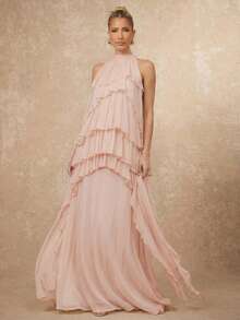 Lumalex 女士无袖飘逸多层网纱不对称荷叶边鱼尾连衣裙 - 杏色 - 查看 5