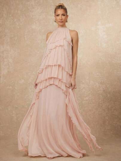 Lumalex 女士无袖飘逸多层网纱不对称荷叶边鱼尾连衣裙