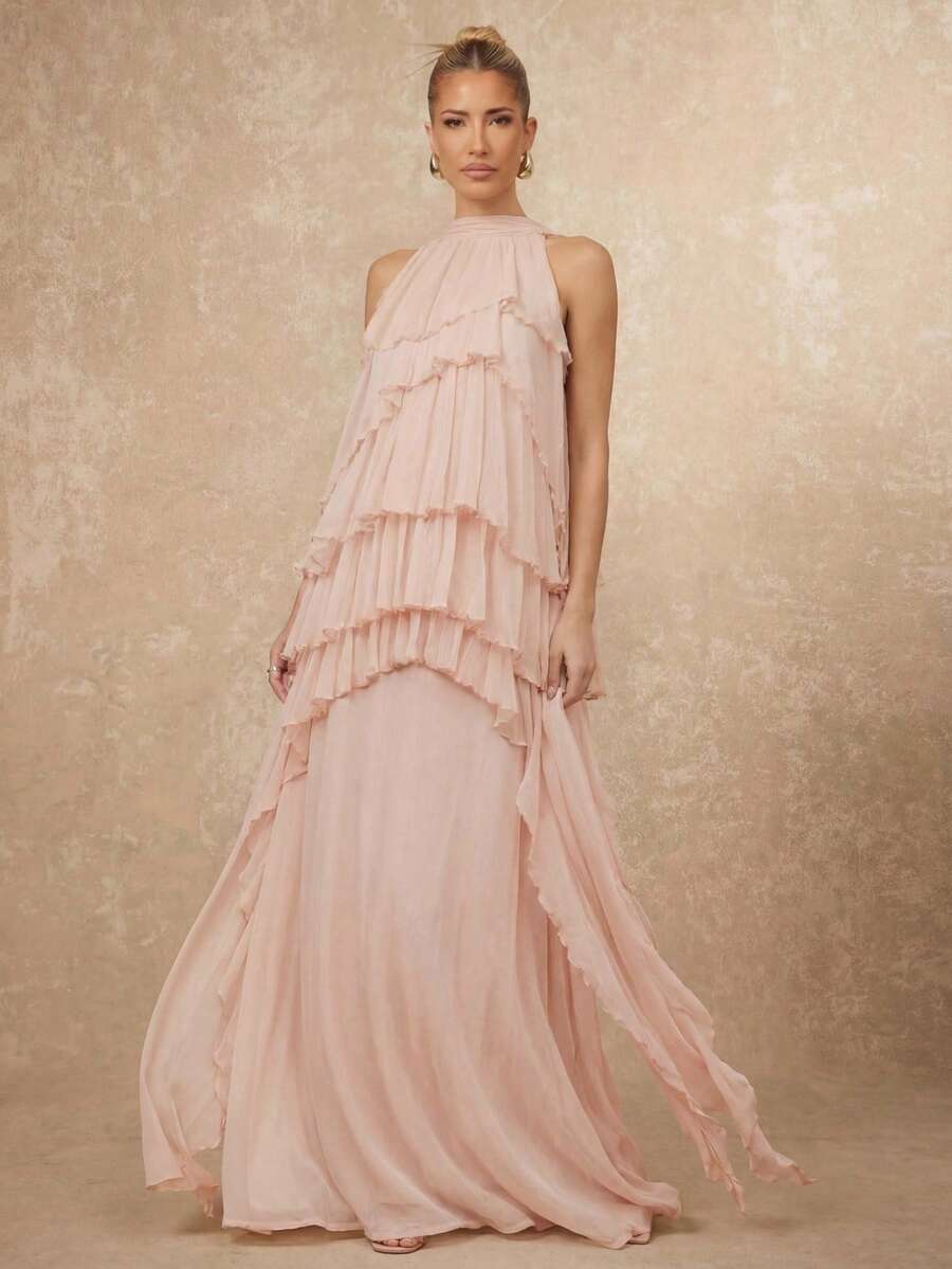 Lumalex 女士无袖飘逸多层网纱不对称荷叶边鱼尾连衣裙 - 杏色 - 查看 1