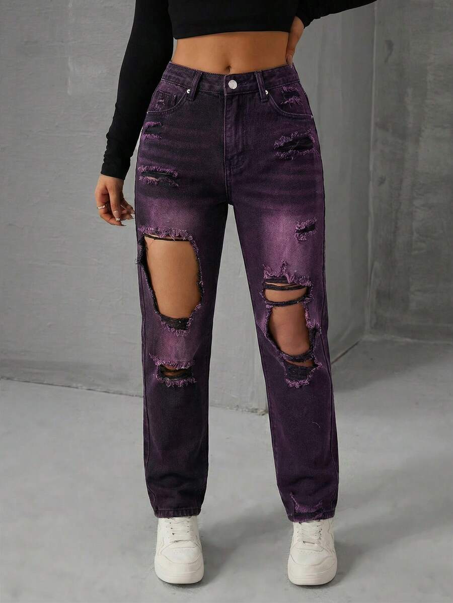 SHEIN EZwear 女士休闲时尚破洞紫色紧身牛仔裤 - 黑色 - 查看 1