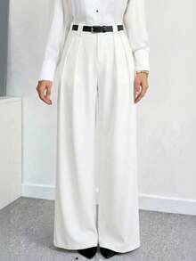 SHEIN Tall Quần ống rộng nữ dáng suông, màu trơn, đa năng, cạp cao, quần ống rộng - trắng - Xem 1