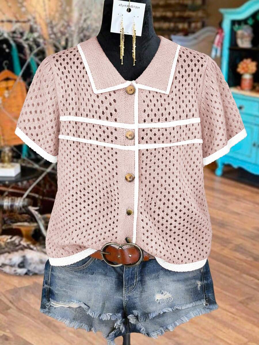 Linhara Cardigan Wanita Ukuran Besar, Rajut Blok Warna, Bukaan Depan, Berongga, Bergaris, Lengan Pendek, Kasual, Ringan, Musim Semi/Panas - Berwarna merah muda - View 1