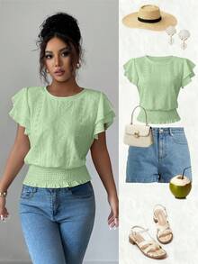 Selianne Summer Casual Vacation Jacquard Knit Round Neck T-Shirt - Green - View 4