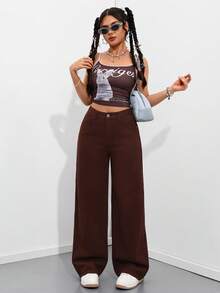 SHEIN ICON 女士宽松口袋喇叭裤休闲牛仔裤 - 棕色 - 查看 5