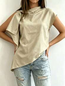 SHEIN Holidaya 女士亚麻质感翻领不对称下摆休闲无袖上衣，优雅度假之选 - 杏色 - 查看 4