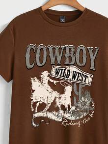 Manfinity Homme 西部牛仔骑马海报印花休闲修身棕色T恤，男士款，约会聚会必备，适合日常穿着，也可作为送给男友的礼物。 - 棕色 - 查看 3