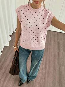 Siren Gaze Women's Polka Dot Pattern Round Neck Short Sleeve Casual Knit Top - Pink - View 3