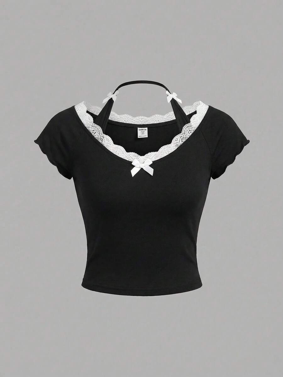 SHEIN Girlism 青少年女孩休閒飄逸蕾絲飾邊V領蝴蝶結裝飾修身彈性羅紋短袖素色針織T恤上衣,黑白配色可愛上衣可愛上衣適合學校、母親節、畢業典禮、日常、外出、度假、假日穿著,時尚女孩、休閒穿著、新風格、返校、放鬆、開學、少女風T恤Y2k - 黑色 - 查看 1